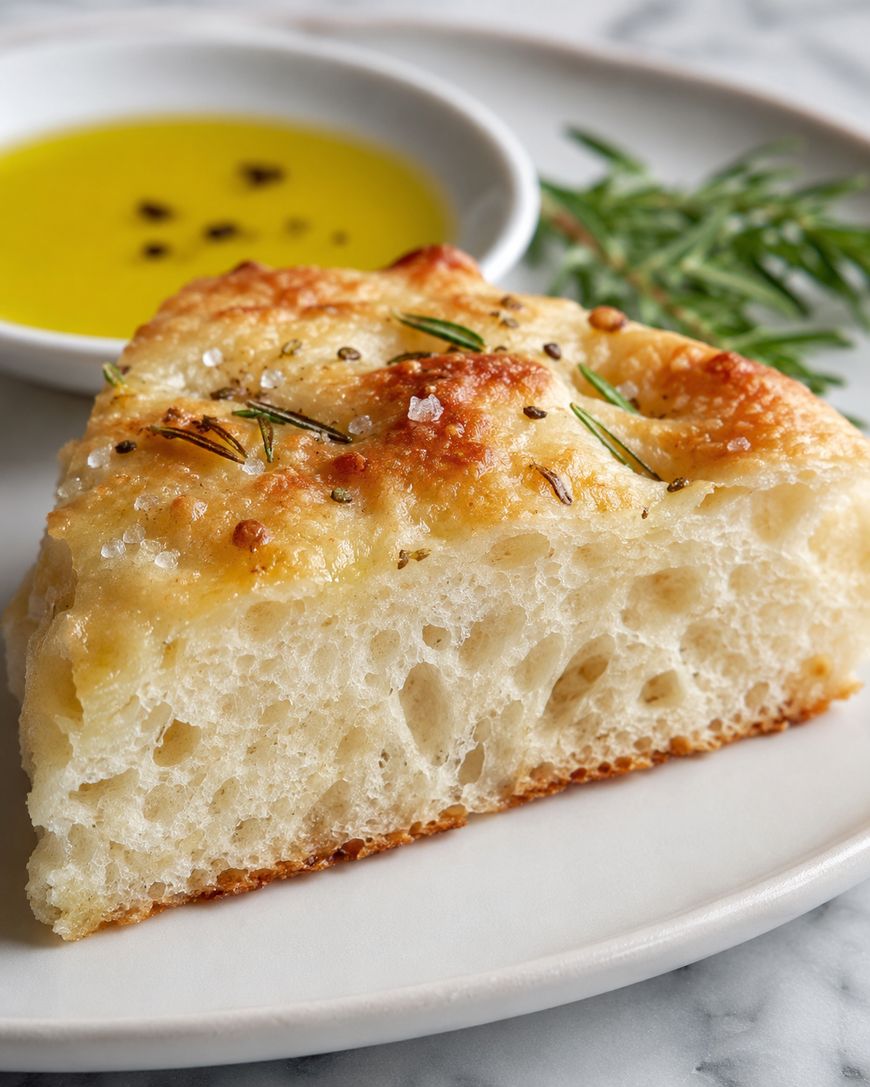 A close-up of a triangular slice of focaccia bread topped with rosemary and coarse salt, served on a white plate with a small dish of olive oil and herbs in the background.