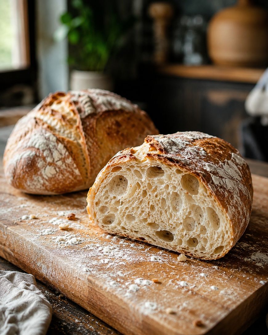 A rustic loaf of sourdough bread sits on a wooden cutting board, with half of the loaf sliced open to reveal its airy crumb and golden crust. Flour is lightly dusted on the bread and board. A cozy kitchen is blurred in the background.