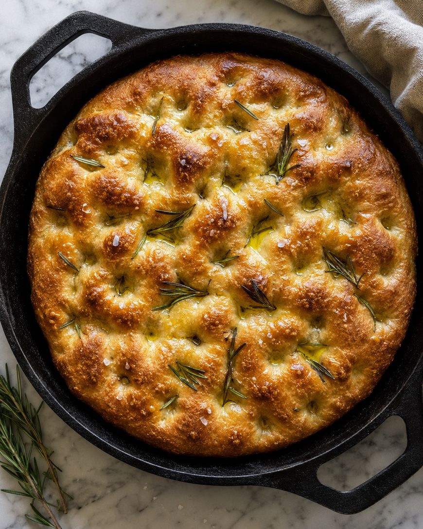 Golden-brown focaccia bread in a round cast iron skillet, topped with rosemary sprigs and flaky sea salt, sits on a marble surface with fresh rosemary nearby and a beige cloth partially visible.