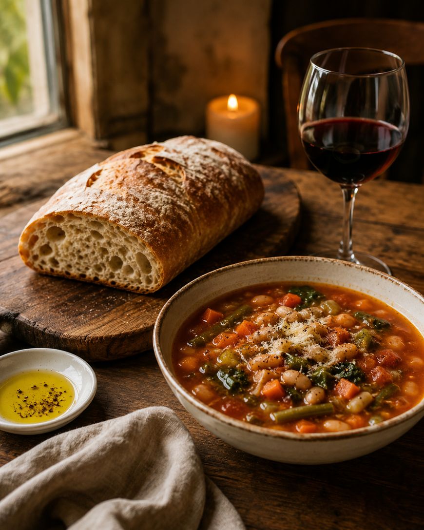 A bowl of vegetable soup sits on a rustic wooden table beside a loaf of bread, a small dish of olive oil and pepper, a glass of red wine, and a lit candle in the background.