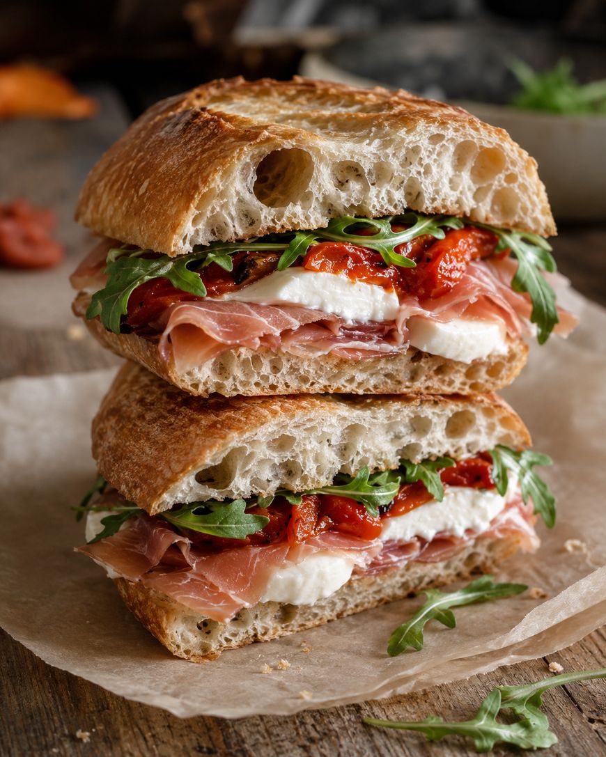 A stacked sandwich with crusty bread, layers of prosciutto, fresh mozzarella, sun-dried tomatoes, and arugula, placed on parchment paper with a rustic wooden background.