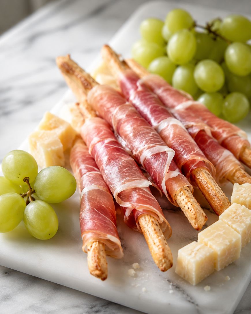 Breadsticks wrapped in prosciutto are arranged on a marble board, surrounded by green grapes and cubes of Parmesan cheese. The presentation is elegant and appetizing.