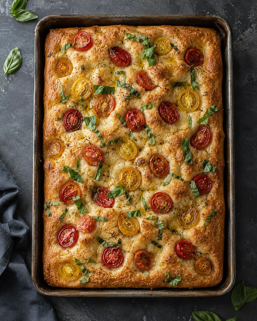 A golden-brown focaccia bread topped with sliced red and yellow cherry tomatoes, fresh basil, and herbs sits in a baking tray on a dark surface. A few basil leaves are scattered nearby.