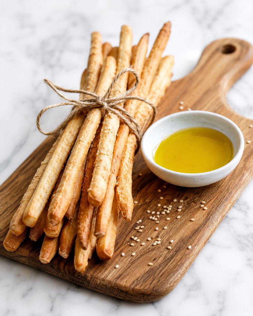 A bundle of breadsticks tied with twine sits on a wooden board next to a small white dish of olive oil. A few sesame seeds are scattered on the board, and everything is set on a marble surface.