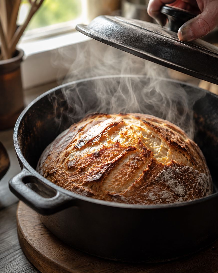A hand lifts the lid off a black cast iron pot, revealing a fresh, golden-brown loaf of bread with a crusty top. Steam rises from the bread, indicating its just baked. The scene is warmly lit by natural window light.
