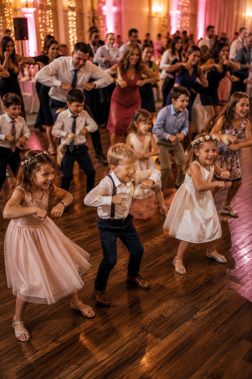 A group of children and adults dance joyfully together at a party in a decorated hall, with wooden floors and string lights glowing in the background. The kids in front are smiling and wearing dressy clothes.
