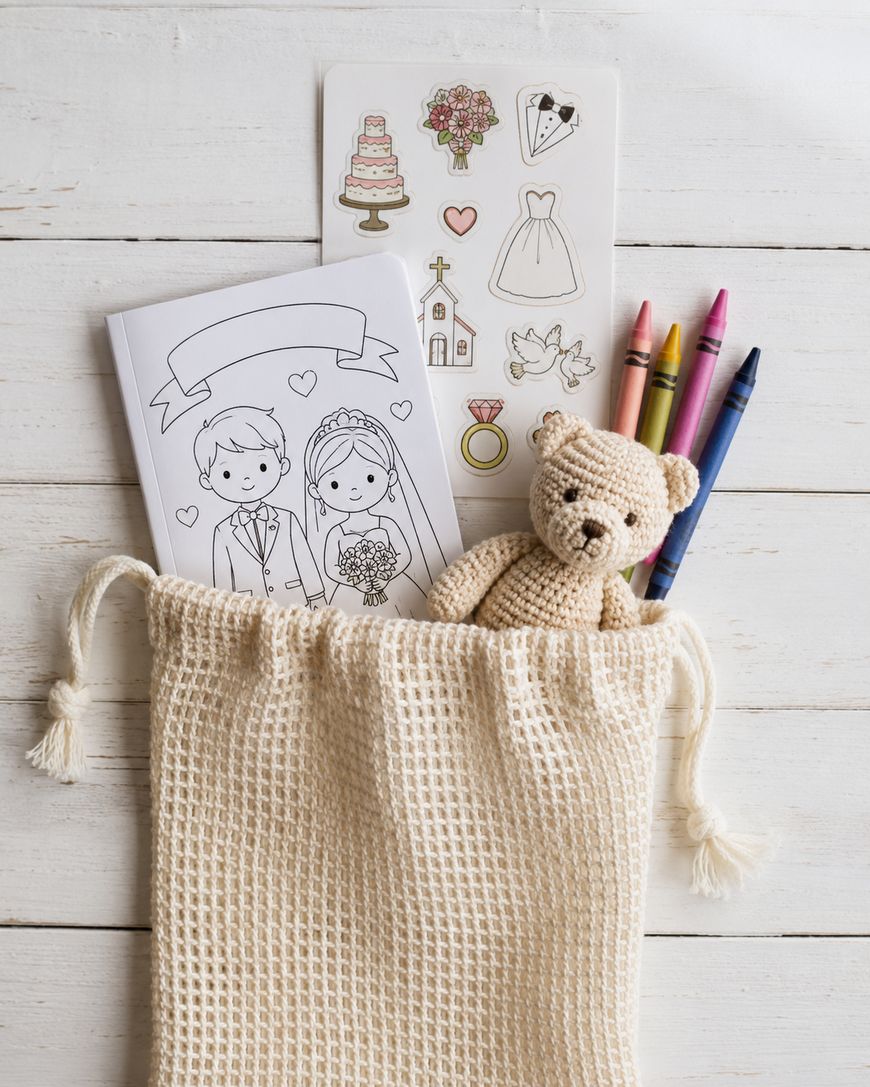 A cream drawstring bag with a wedding-themed coloring book, stickers, a crocheted teddy bear, and five colored crayons on a white wooden surface.