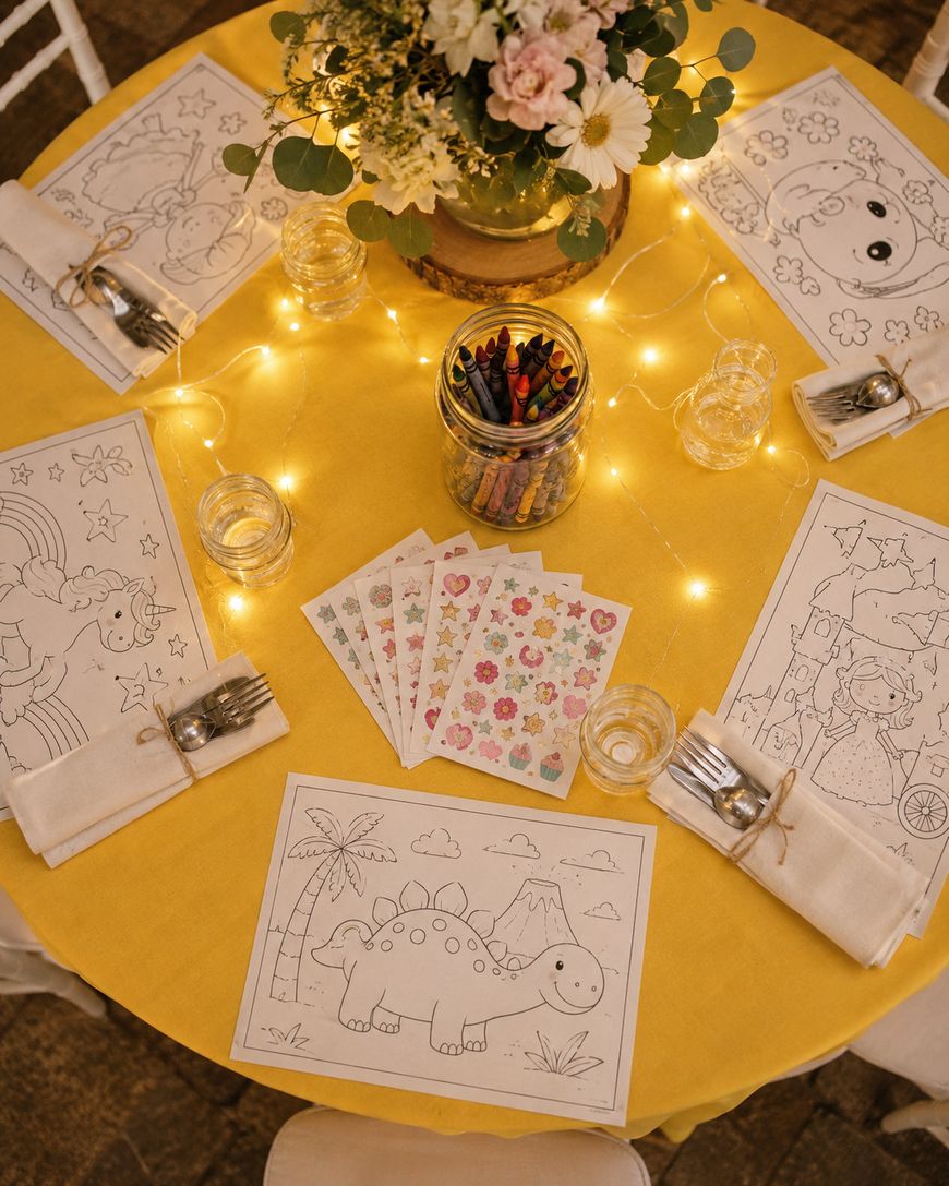 A round table with a yellow tablecloth is set with coloring pages, a jar of crayons, colorful stickers, napkins with cutlery, glasses, and a flower centerpiece, all surrounded by string lights.