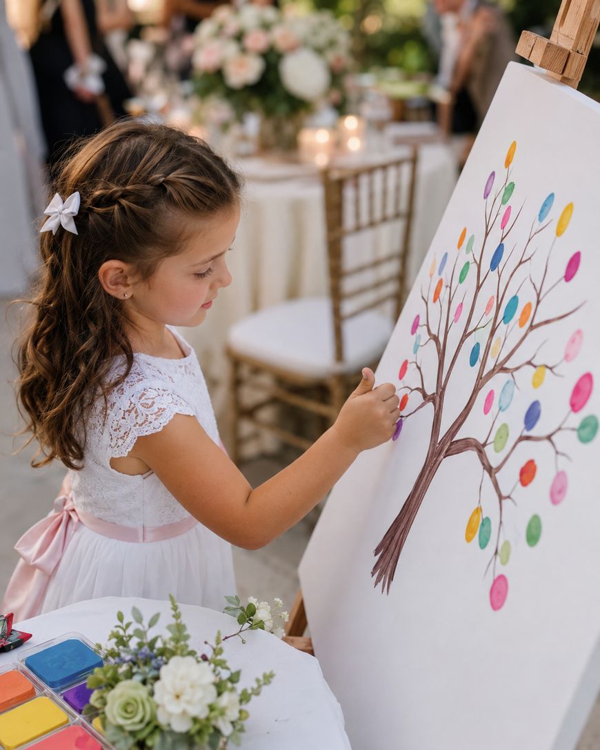 A young girl in a white dress adds a colorful fingerprint to a painted tree on a large canvas, likely at a wedding or celebration. Art supplies and flowers are visible nearby.