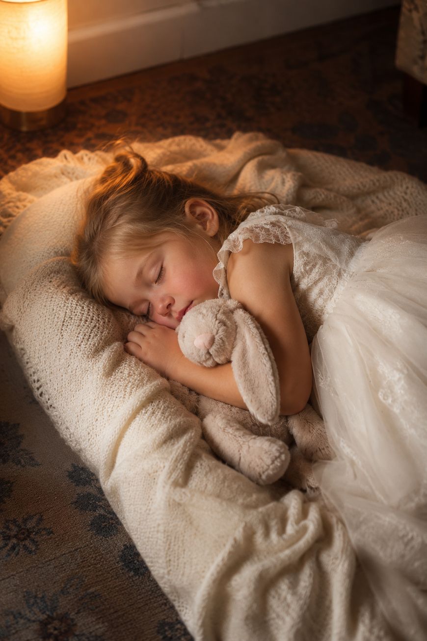 A young girl in a white dress sleeps peacefully on a cozy knit blanket, hugging a soft stuffed bunny, with warm light softly illuminating the scene.