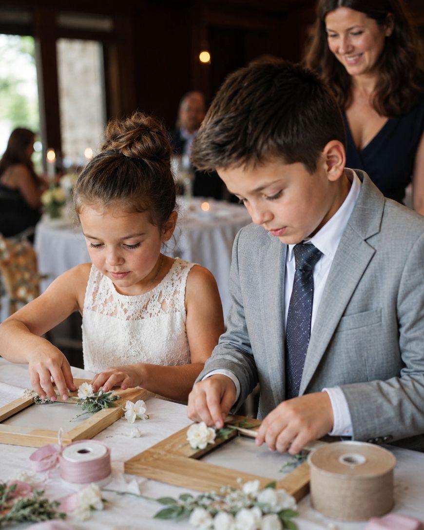 A young girl in a white dress and a boy in a gray suit work on floral crafts at a table, while an adult woman smiles in the background at a formal indoor event.