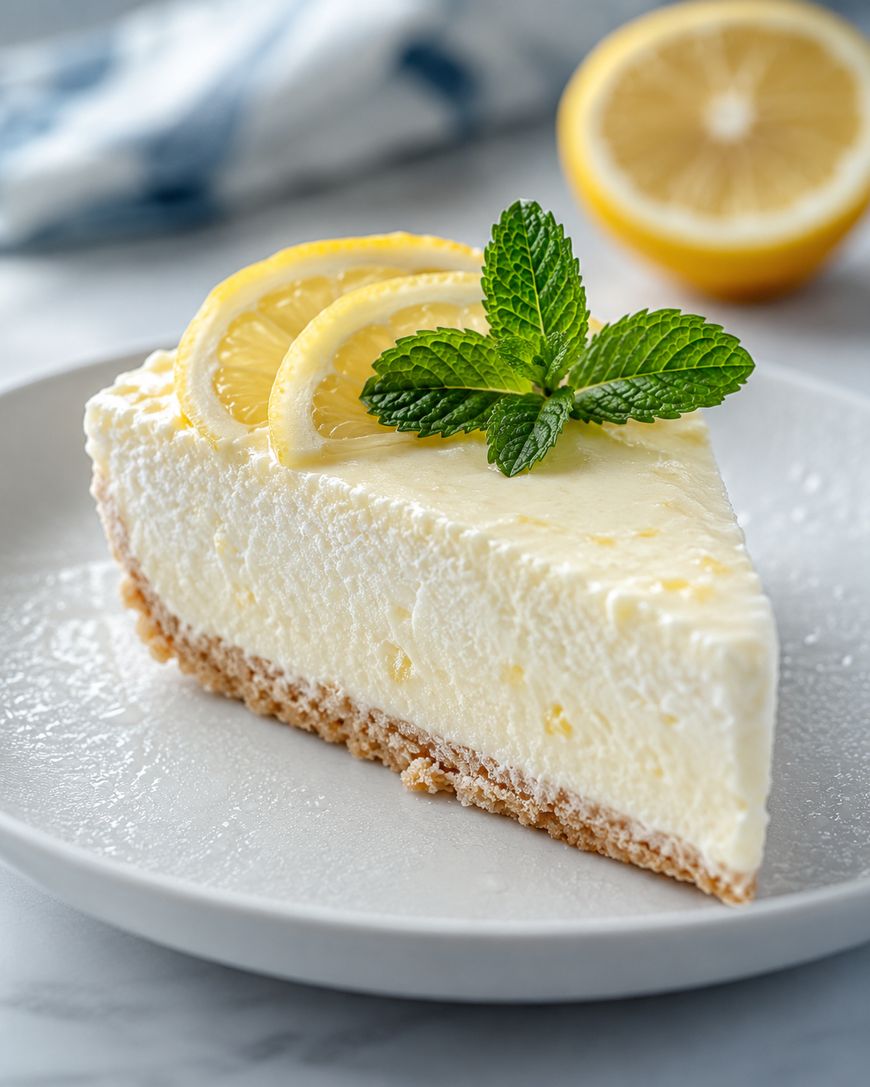 A slice of creamy lemon cheesecake on a white plate, garnished with two lemon slices and a sprig of fresh mint. A halved lemon is blurred in the background.