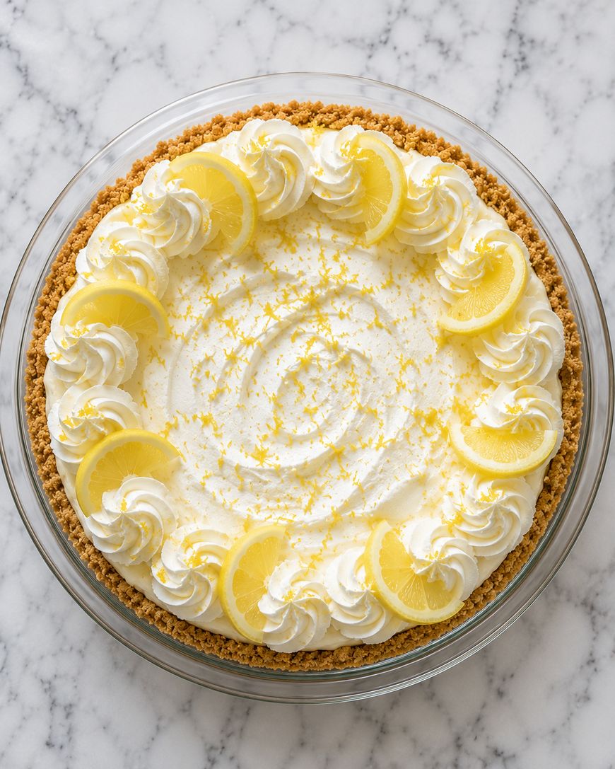 A lemon cream pie with a crumb crust, topped with whipped cream swirls, lemon slices, and lemon zest, displayed on a round glass pie dish on a marble surface.