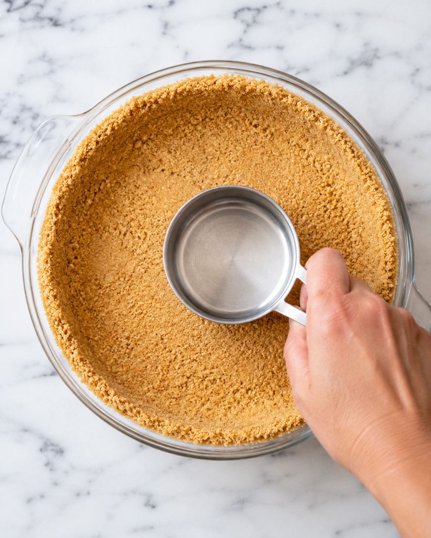 A hand presses a metal measuring cup into a round glass dish with a graham cracker crust on a marble countertop.