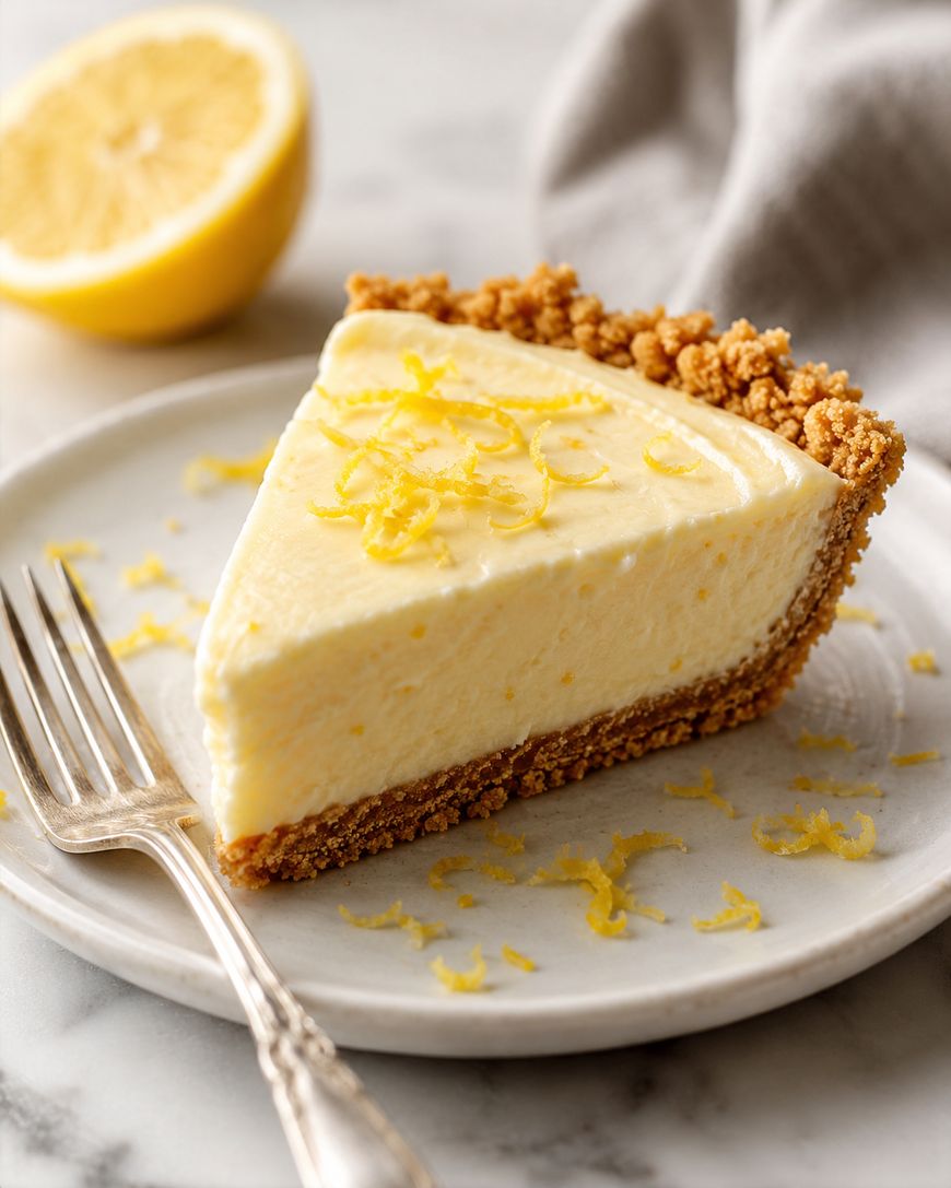 A slice of creamy lemon pie with a graham cracker crust on a white plate, garnished with lemon zest, with a fork beside it and a halved lemon in the background.