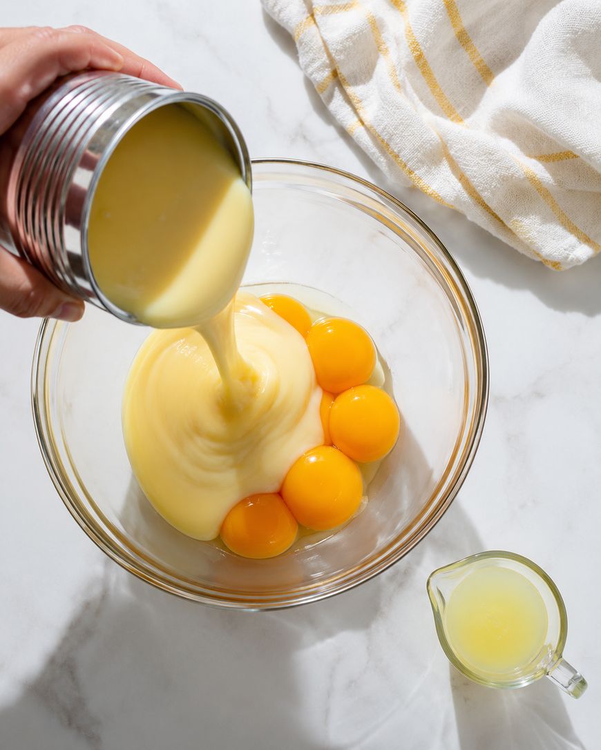 A hand pours sweetened condensed milk from a can into a glass bowl containing five egg yolks. Nearby, a small glass pitcher of lemon juice and a striped towel rest on a white countertop.