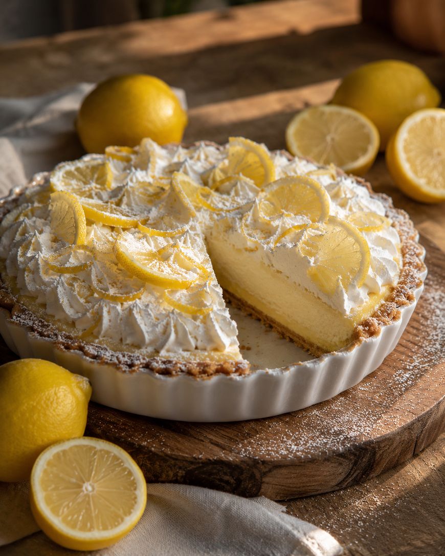 A lemon cream pie topped with whipped cream and lemon slices sits on a wooden board, surrounded by whole and sliced lemons. One slice has been removed, revealing the creamy filling inside.