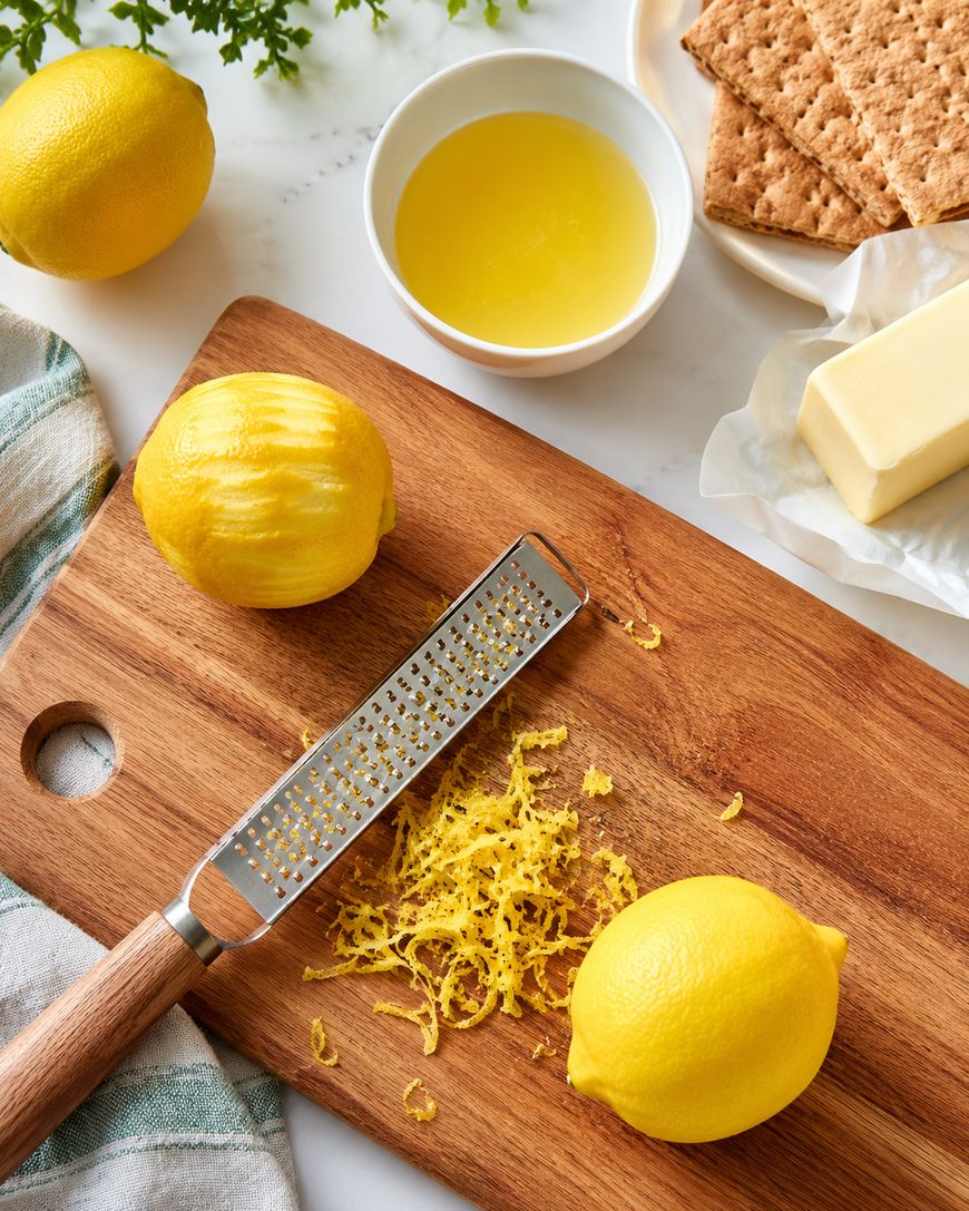 A wooden cutting board with a zester, lemon zest, two whole lemons, and a peeled lemon. Nearby are a bowl of melted butter, graham crackers, a stick of butter, and a striped towel.