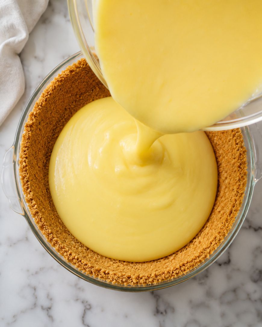A thick yellow custard filling is being poured from a glass bowl into a graham cracker crust inside a pie dish on a marble countertop.
