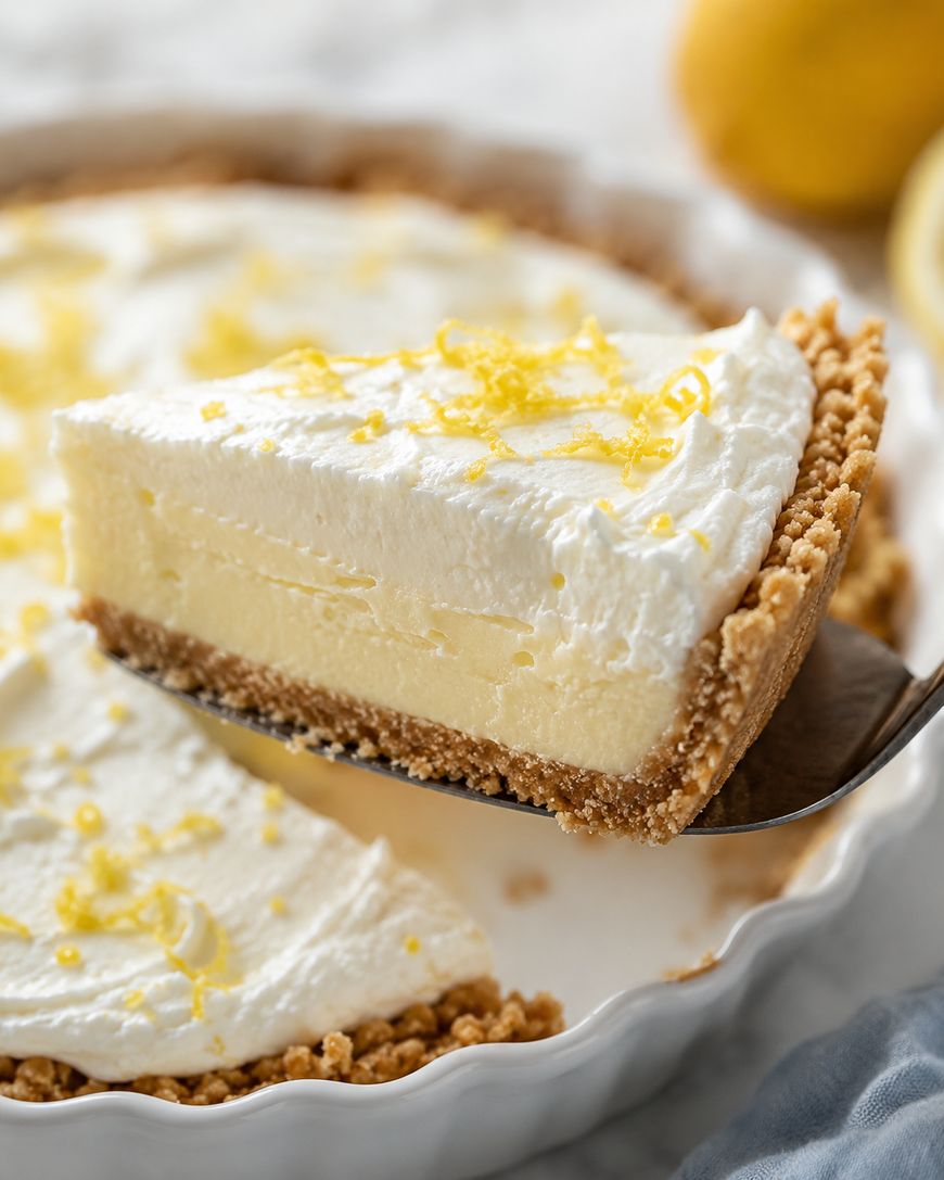 A close-up of a creamy lemon pie with a graham cracker crust, topped with whipped cream and lemon zest. A slice is being lifted from the pie dish, showing smooth layers and a golden crust.