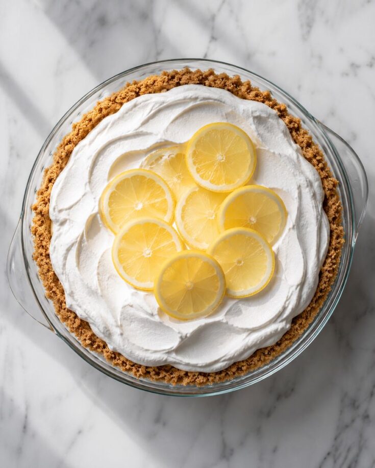 A lemon pie with a graham cracker crust and whipped topping, decorated with several slices of fresh lemon, sits in a glass pie dish on a white marble surface.