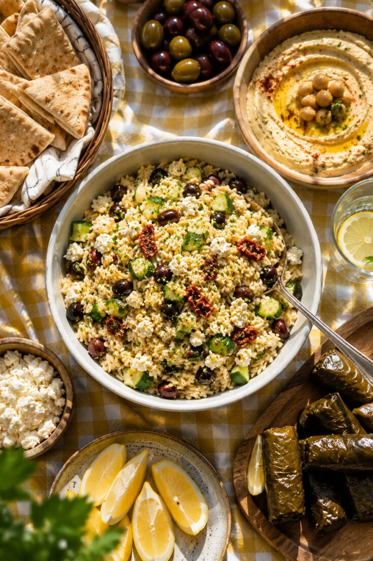 A bowl of Mediterranean couscous salad with vegetables, feta, and olives is surrounded by pita bread, olives, hummus, lemon wedges, feta, and stuffed grape leaves on a yellow checkered tablecloth.