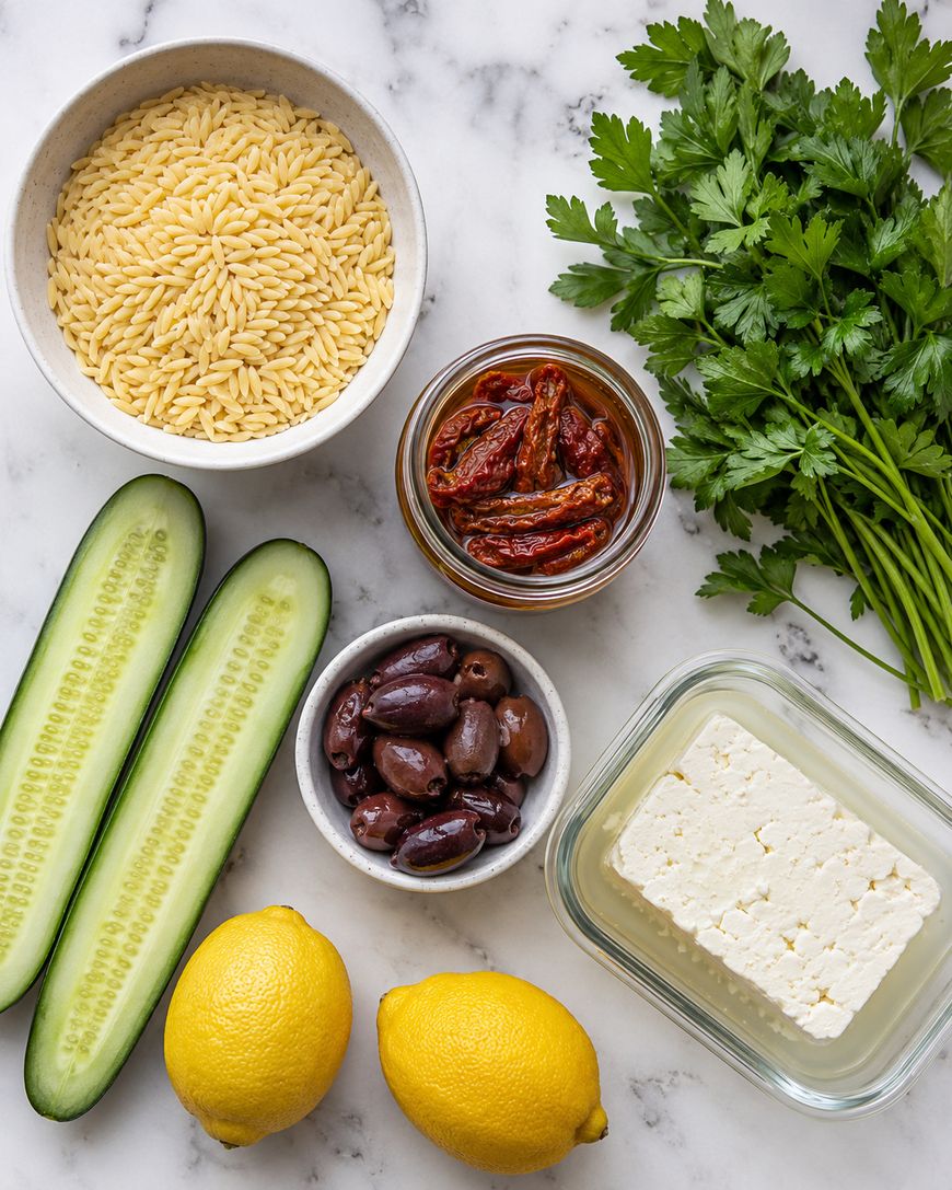 Orzo pasta, sun-dried tomatoes, fresh parsley, cucumber halves, Kalamata olives, feta cheese, and two whole lemons arranged on a white marble surface.
