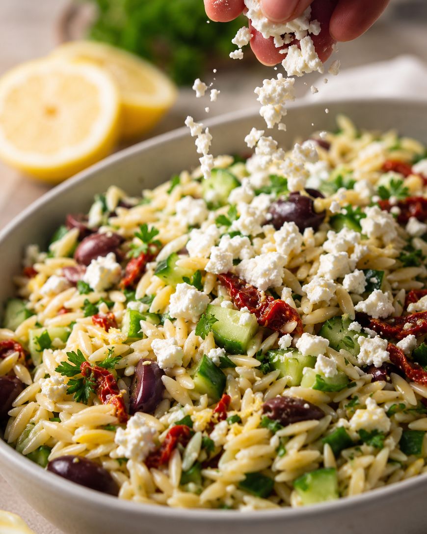 A hand sprinkles crumbled feta cheese over a bowl of orzo salad with cucumbers, olives, sun-dried tomatoes, and parsley. Sliced lemons are visible in the background.