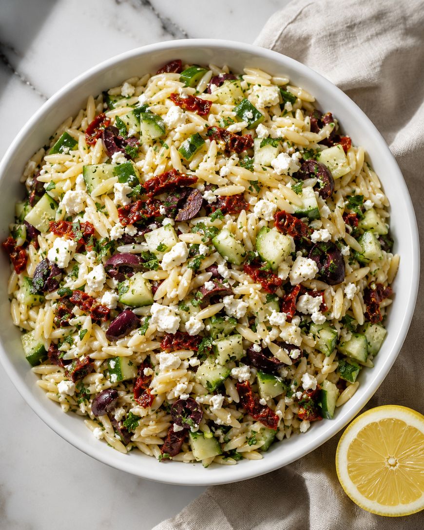 A bowl of orzo salad with chopped cucumber, sun-dried tomatoes, Kalamata olives, feta cheese, and herbs, placed on a marble surface next to a lemon half and a beige cloth napkin.