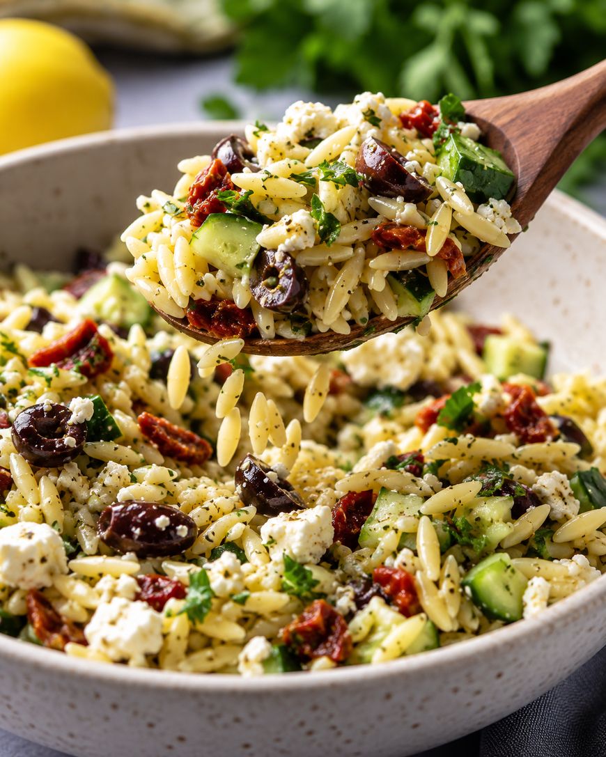A wooden spoon lifts a serving of orzo pasta salad with feta cheese, Kalamata olives, sun-dried tomatoes, cucumber, and fresh herbs from a bowl.