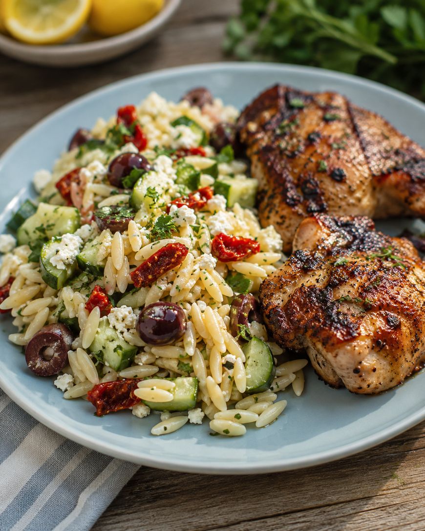 A plate with grilled chicken thighs and orzo salad featuring feta cheese, Kalamata olives, cucumber, sun-dried tomatoes, and herbs. A bowl of lemons and fresh greens are visible in the background.