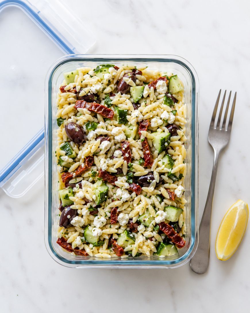 A glass container filled with orzo pasta salad containing cucumbers, sun-dried tomatoes, olives, and crumbled feta cheese. A metal fork and a lemon wedge are placed beside the container on a white surface.