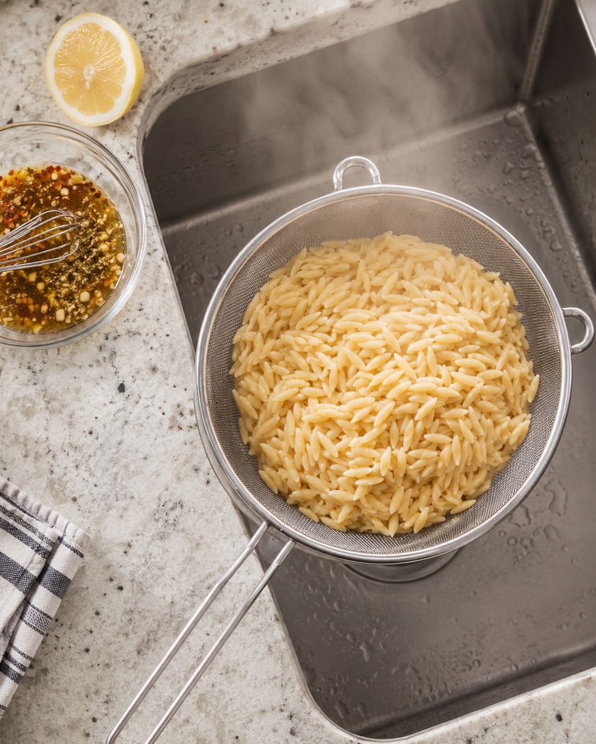 A metal strainer filled with cooked orzo pasta sits over a kitchen sink. Nearby, a bowl of dressing with a whisk and a sliced lemon rest on a gray countertop. Steam rises from the hot pasta.