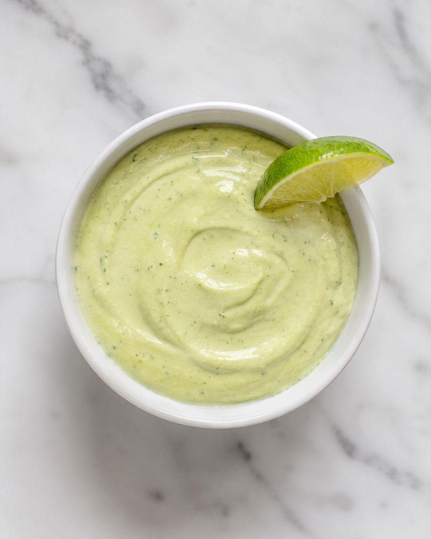 A small white bowl filled with creamy, light green sauce, garnished with a wedge of lime, sits on a white marble surface.