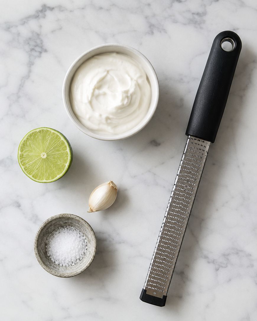 A small bowl of creamy white sauce, half a lime, a garlic clove, a small dish of coarse salt, and a metal grater with a black handle are arranged on a white marble surface.