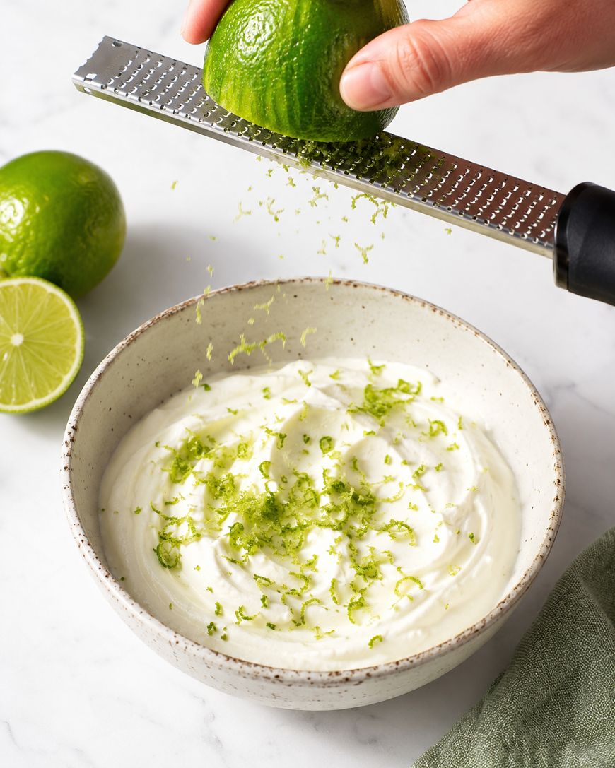 A hand grates the zest of a lime over a bowl of creamy white yogurt. Two whole limes and a lime half are on the marble countertop beside the bowl.