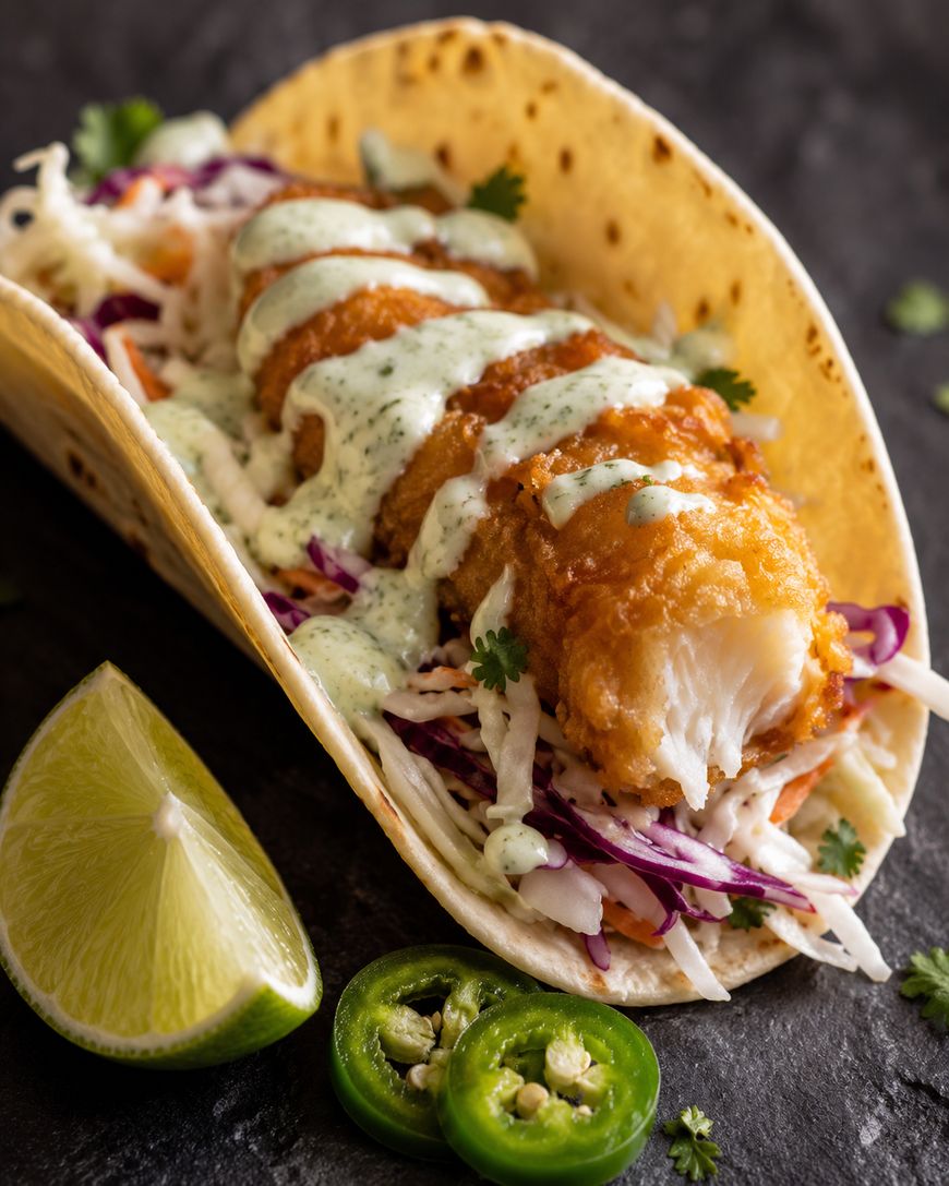 A close-up of a fish taco in a flour tortilla with crispy fried fish, shredded cabbage slaw, creamy sauce, cilantro, and a side of lime wedge and sliced jalapeño on a dark background.