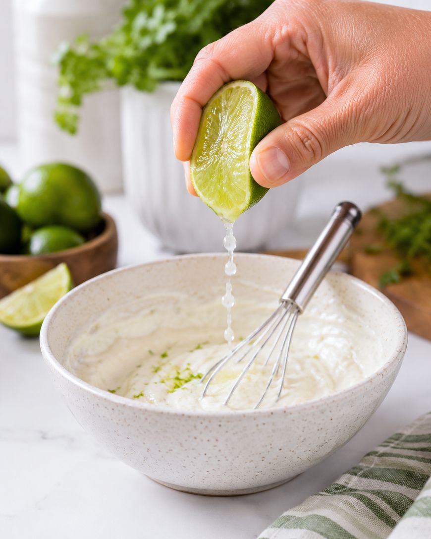 A hand squeezes a lime half over a bowl of creamy mixture with a whisk inside. Fresh limes and green herbs are in the background on a white countertop.