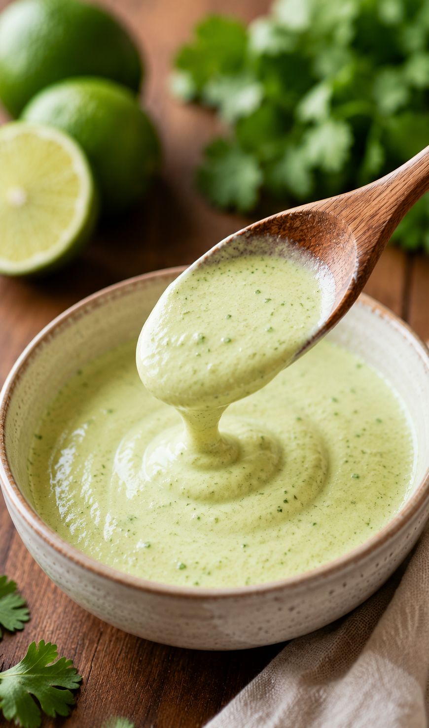 A wooden spoon lifts a creamy green sauce from a bowl, with fresh cilantro and limes in the background on a wooden surface.