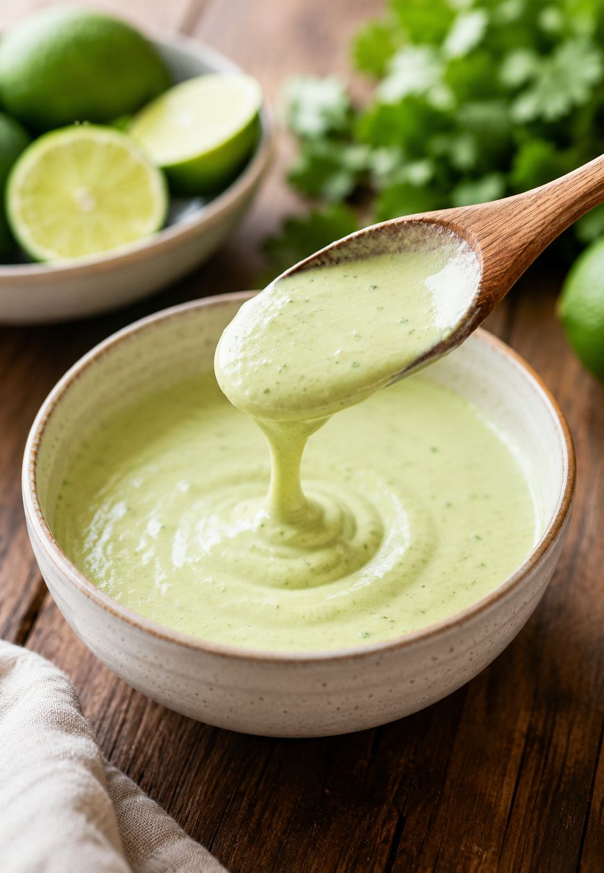 A wooden spoon lifts creamy green sauce from a ceramic bowl. In the background, fresh limes and cilantro are visible on a wooden table.