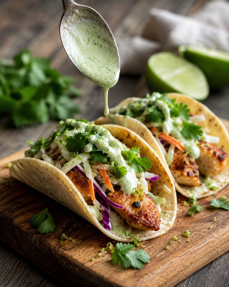 Two fish tacos with shredded cabbage, carrots, and cilantro on a wooden board. A spoon drizzles creamy green sauce over the tacos. A halved lime and fresh cilantro are in the background.