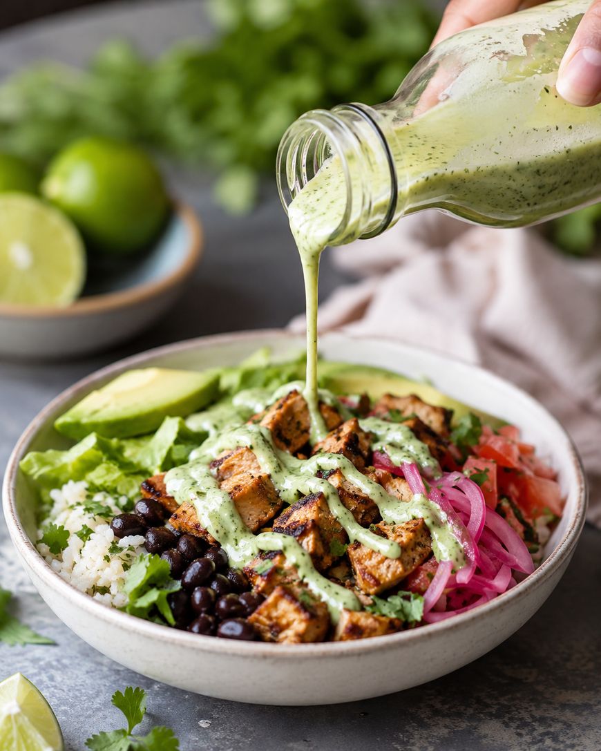 A hand pours creamy green dressing over a bowl filled with tofu cubes, black beans, pickled onions, diced tomatoes, avocado, and rice. Fresh limes and greens are blurred in the background.