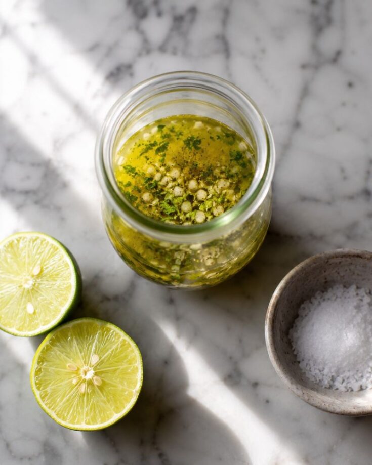 A glass jar filled with a green herb and oil mixture, perfect as a lime vinaigrette dressing, sits on a marble surface next to a halved lime and a small bowl of coarse salt.