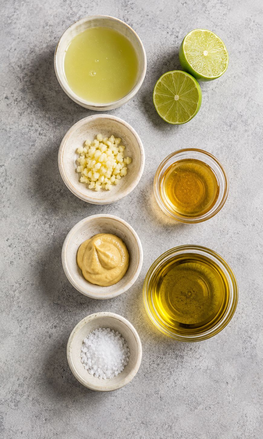 Six small bowls with ingredients for a dressing, including lime juice, minced garlic, vinegar, mustard, olive oil, and salt, arranged neatly on a gray surface. A halved lime is also pictured.