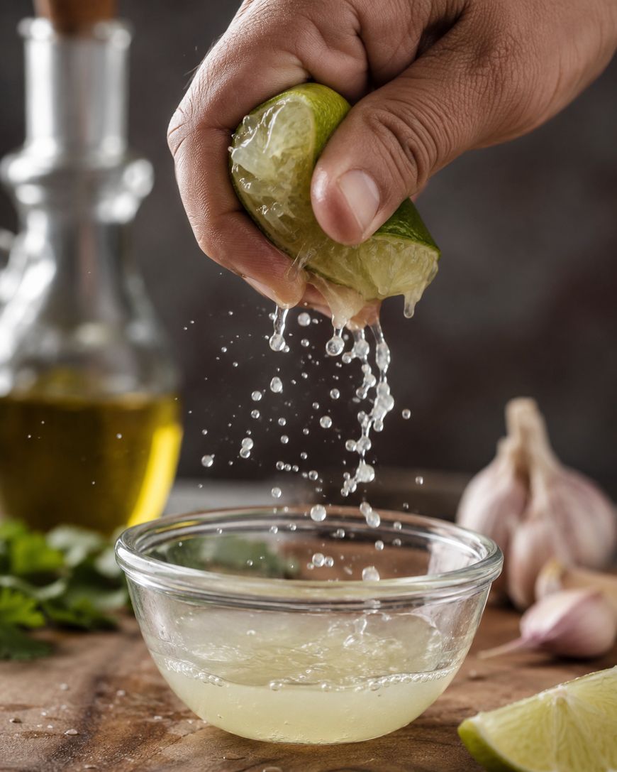 A hand squeezes a lime half, releasing juice into a small glass bowl. Lime juice drips mid-air. In the background, there’s a bottle of oil, cilantro, garlic, and a wooden surface.