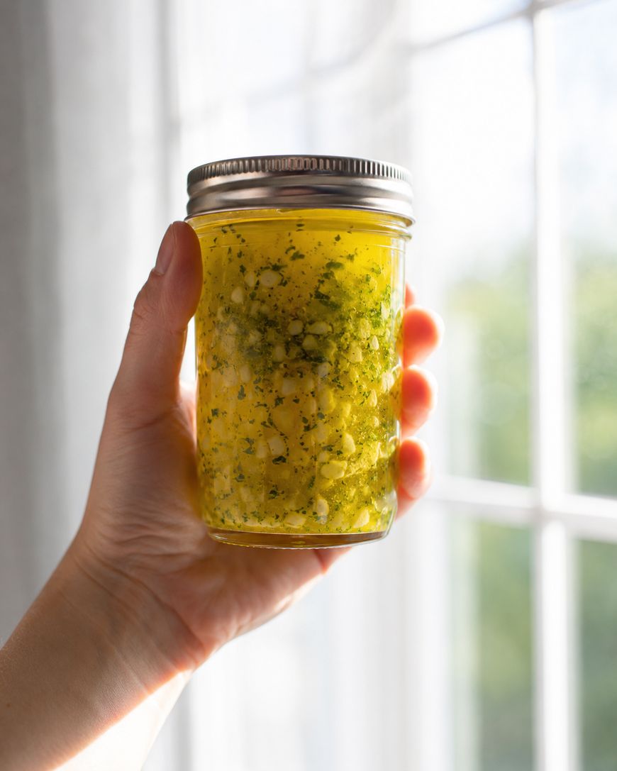 A hand holds up a glass jar filled with a yellow liquid containing chopped herbs and small white pieces, in front of a bright window with sunlight streaming through.