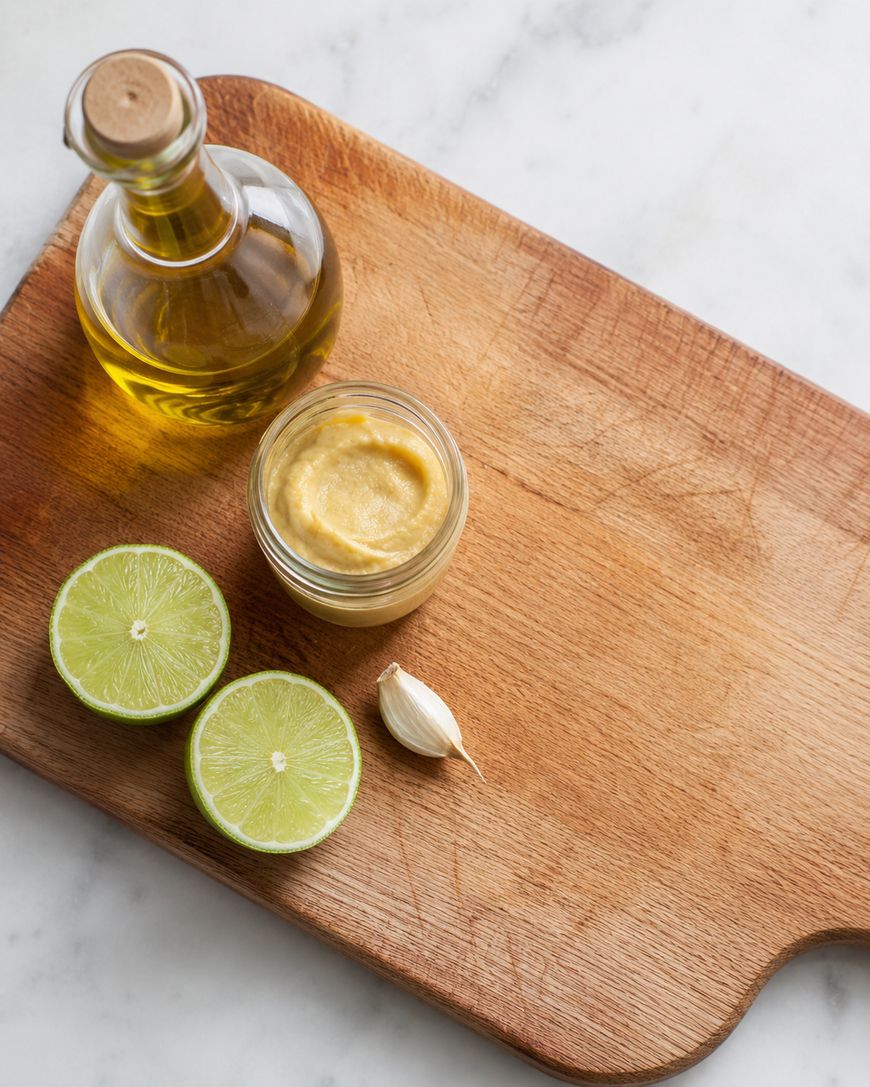 A wooden cutting board with a glass bottle of oil, a small jar of mustard, a halved lime, and a garlic clove on a white marble surface.
