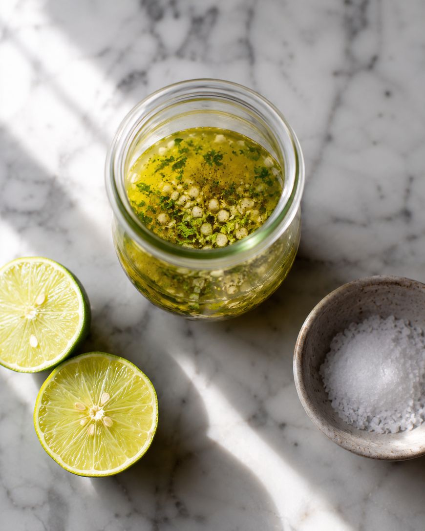 A glass jar filled with a yellow-green citrus dressing sits on a marble surface next to a small bowl of salt and two lime halves. Sunlight casts soft shadows across the scene.