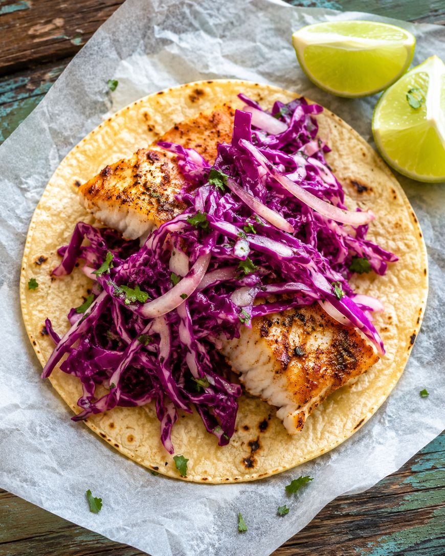 A grilled fish taco topped with shredded purple cabbage and sliced onions on a corn tortilla, garnished with cilantro, served on parchment paper with lime wedges on the side.