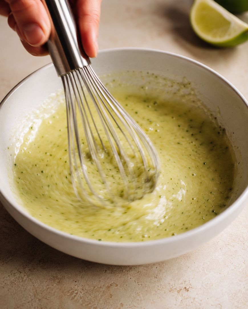 A hand uses a metal whisk to mix a creamy green sauce in a white bowl, with a halved lime visible in the background on a light-colored surface.